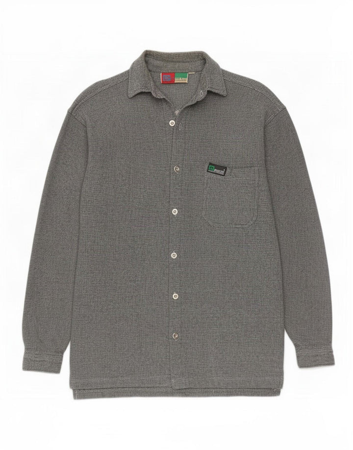 Vintage hombres sobrecamisa camisa gris medio algodón a rayas