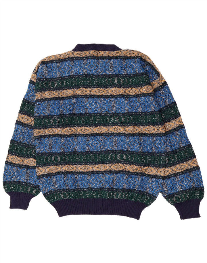 Vintage hombres cuello redondo jersey suéter medio azul Argyle/Diamante