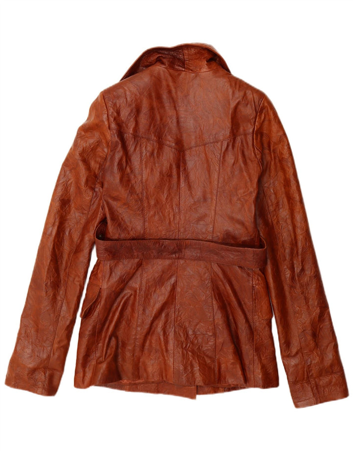 Vintage mujer doble pecho chaqueta de cuero Reino Unido 10 pequeño cuero marrón