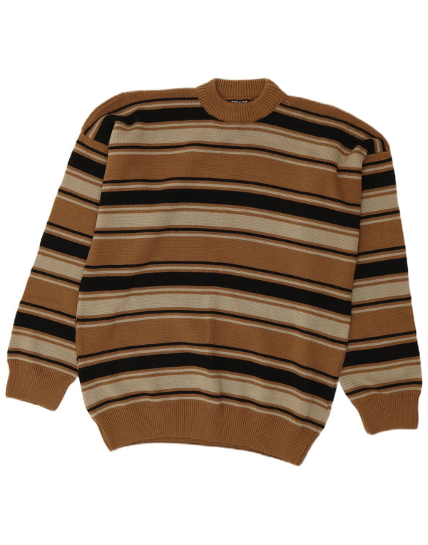 Vintage hombres cuello redondo jersey suéter IT 54 XL marrón rayas