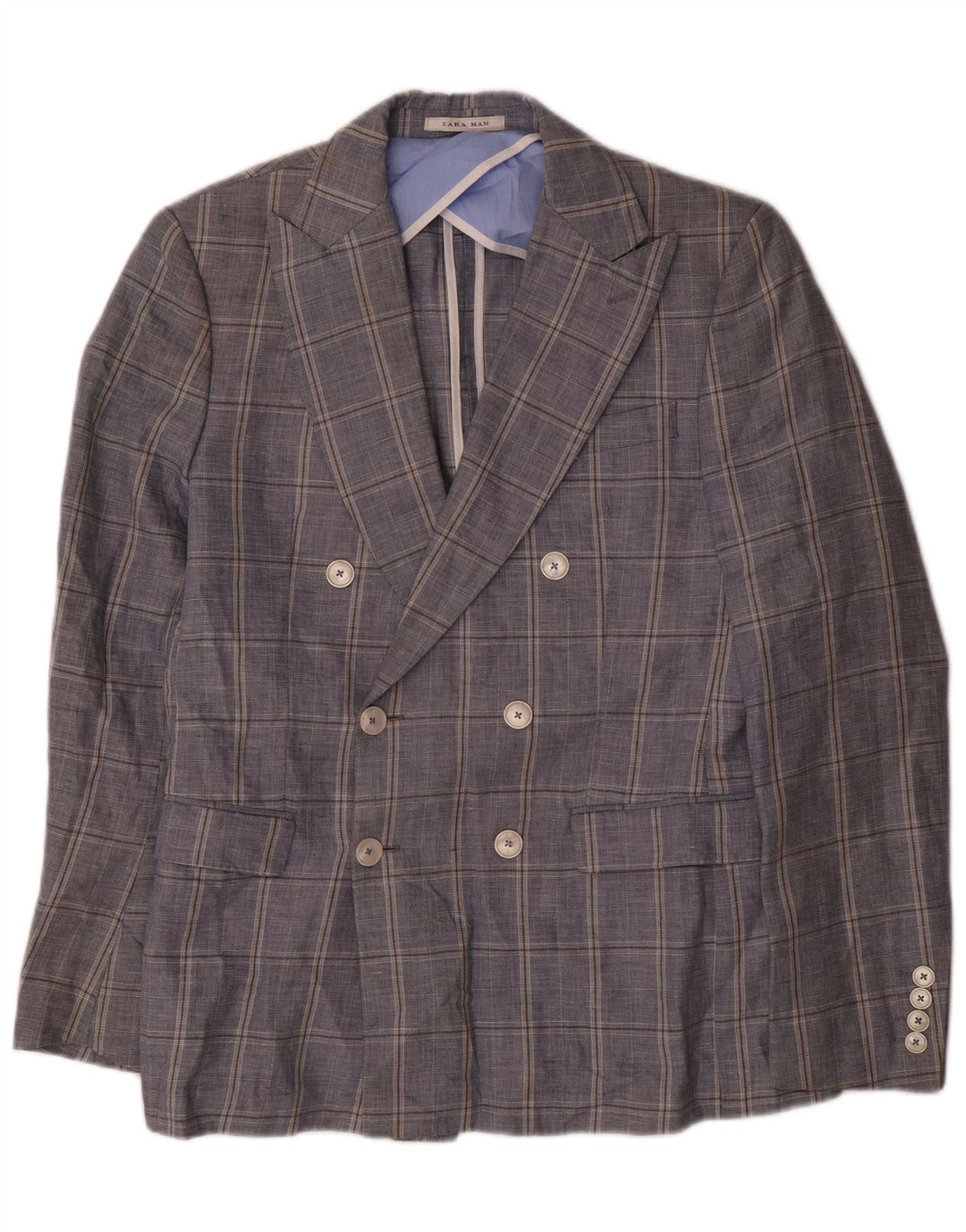 Zara Chaqueta tipo blazer con doble botonadura para hombre EU 48 Algodón a cuadros azul marino mediano