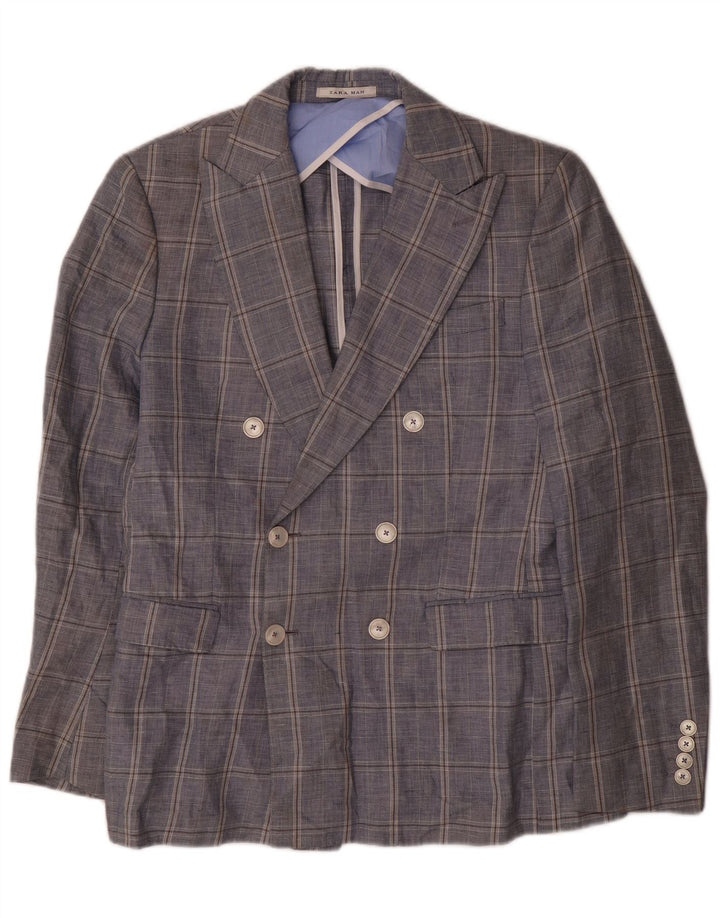 Zara Chaqueta tipo blazer con doble botonadura para hombre EU 48 Algodón a cuadros azul marino mediano