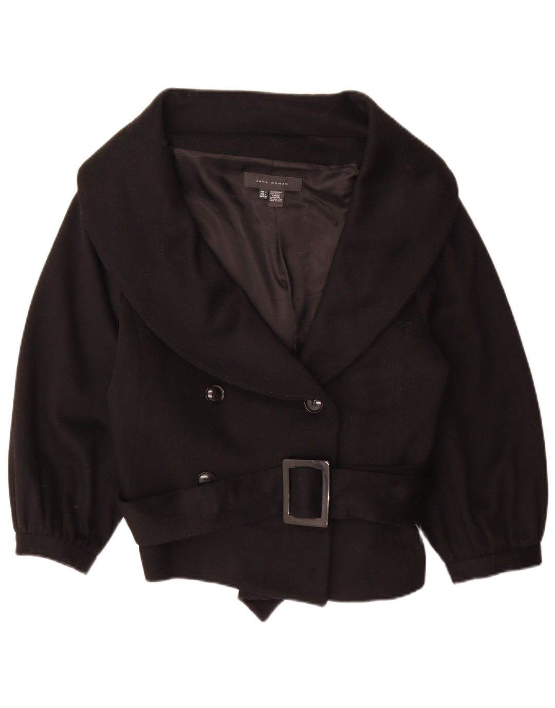 Zara Mujer Chaqueta Cruzada Manga 3/4 UK 46 Grande Lana Negra