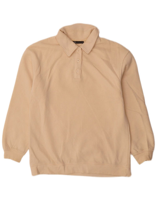Zara Mujer Polo Cuello Sudadera Jumper UK 10 Small Beige Algodón