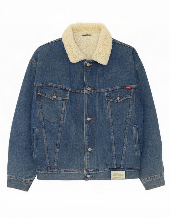 Vintage hombres sueltos ajuste Sherpa chaqueta de mezclilla Reino Unido 38 algodón azul medio