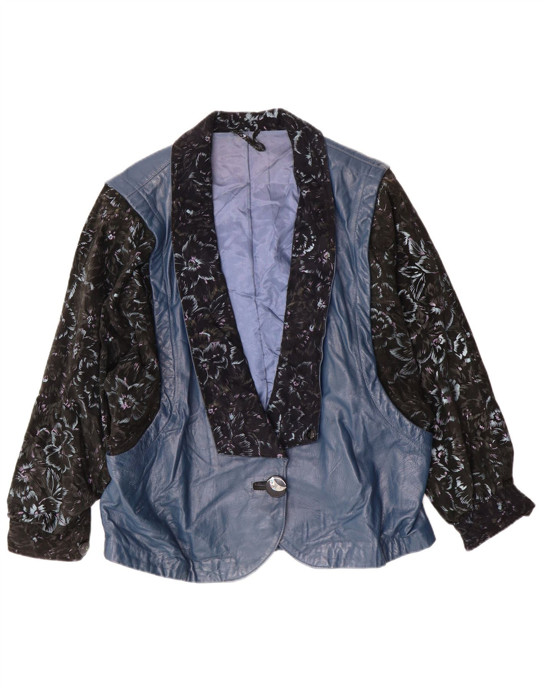 Vintage mujer chaqueta de cuero Reino Unido 14 grande azul floral retro