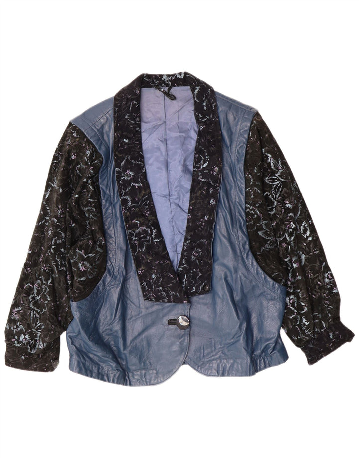 Vintage mujer chaqueta de cuero Reino Unido 14 grande azul floral retro