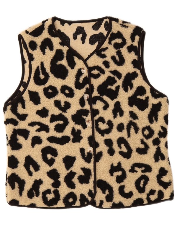 Vintage mujer polar Gilet Reino Unido 14 medio beige animal impresión poliéster