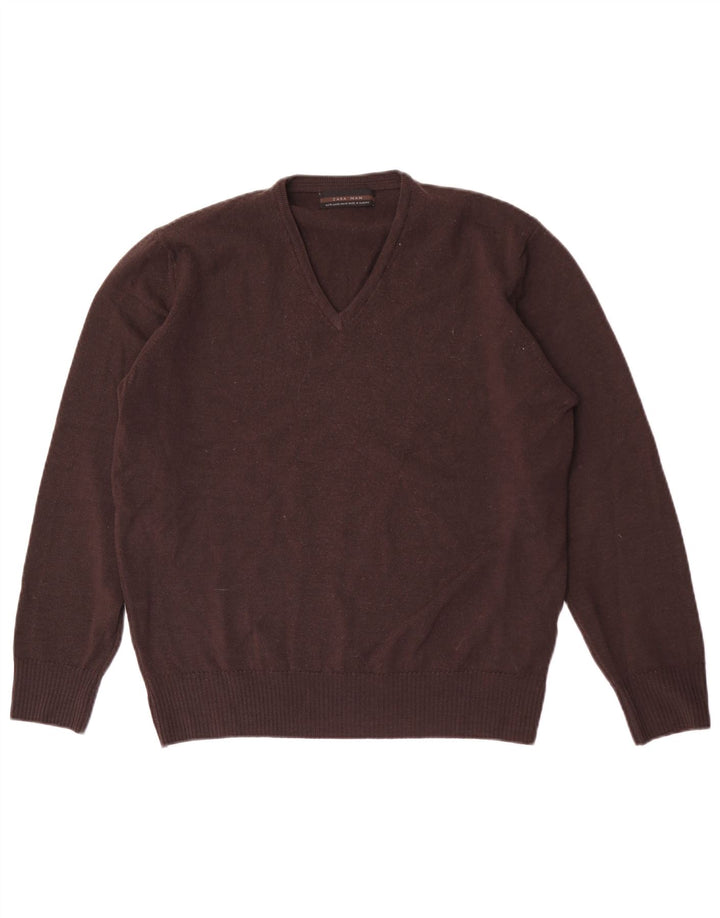 Zara Hombre Jersey Cuello Pico XL Lana Marrón