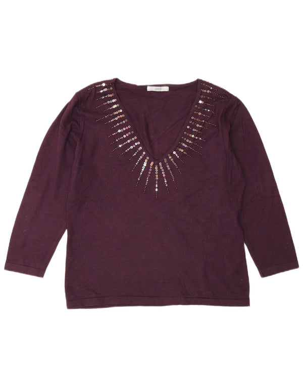 Marks & Spencer Suéter con cuello en V para mujer UK 46 Large Viscosa burdeos