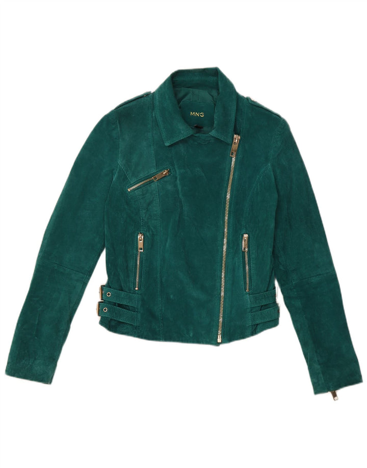 Mango Chaqueta motera de ante corta para mujer UK 6 XS Cuero verde