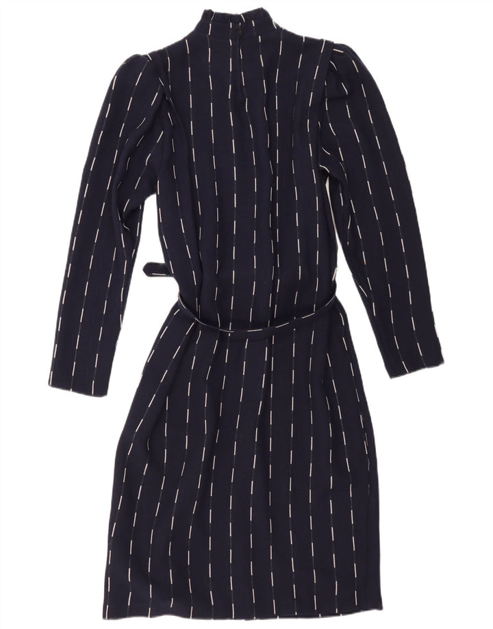 Vintage mujer manga larga vestido básico Reino Unido 12 medio azul marino rayas