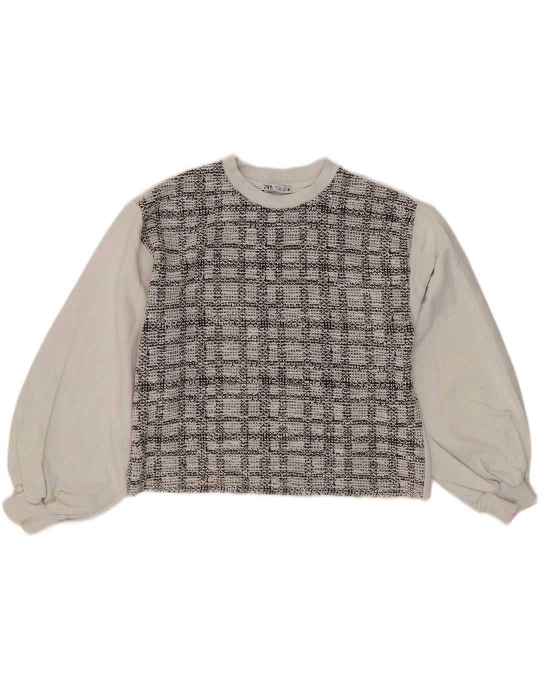Zara Mujer Crop Sudadera Extragrande Jersey UK 10 Small White Check Cotton