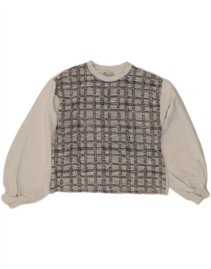 Zara Mujer Crop Sudadera Extragrande Jersey UK 10 Small White Check Cotton