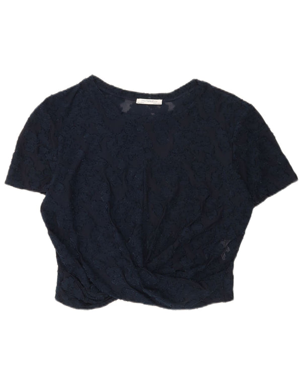 Zara Blusa Corta De Encaje Para Mujer Top UK 44 Grande Poliéster Floral Azul Marino