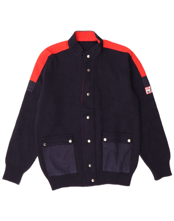 Vintage hombre cardigan suéter IT 50 medio azul marino colorblock lana