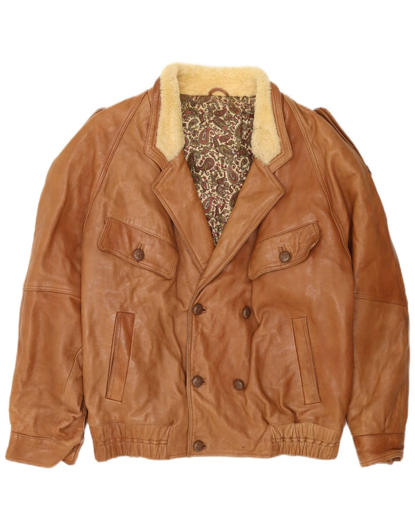 Vintage hombres militar doble pecho chaqueta Reino Unido 40 cuero beige grande