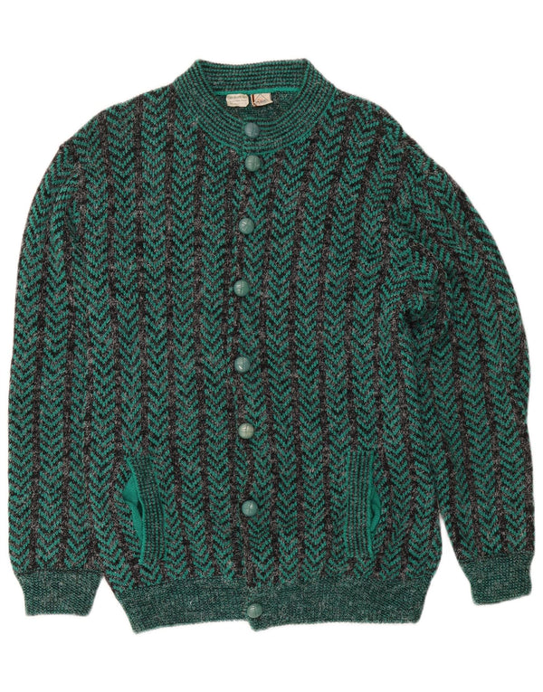 Vintage Mens Regular Fit Cardigan Sweater Medium Green Chevron Acrylic