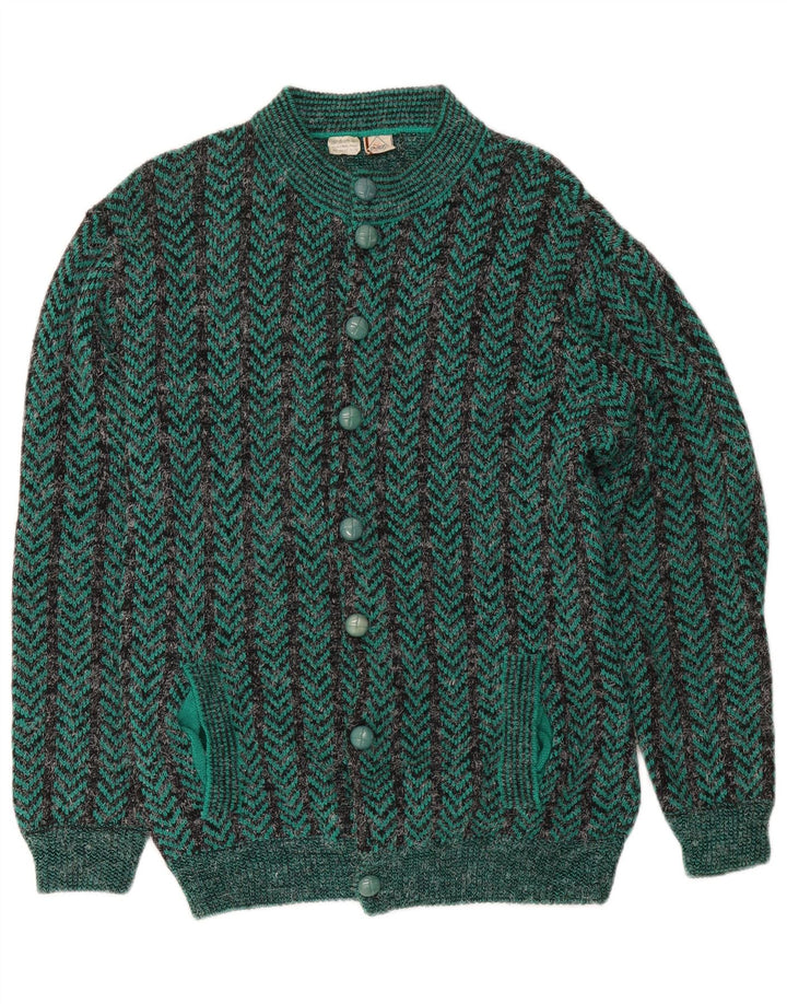 Vintage hombres Regular Fit Cardigan suéter medio verde Chevron acrílico
