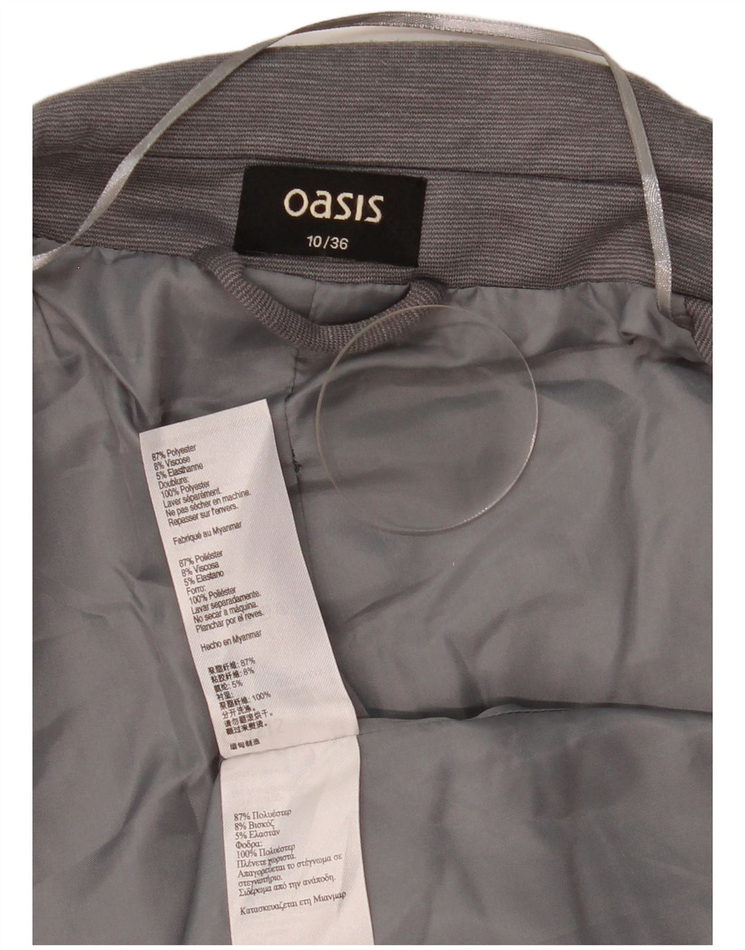 Oasis Chaqueta tipo blazer abierta para mujer UK 10 Small Gris Poliéster a rayas