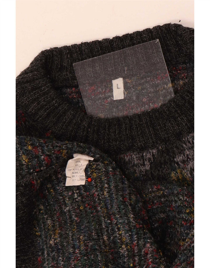 Vintage hombres cuello redondo jersey suéter grande gris Argyle/lana de diamante