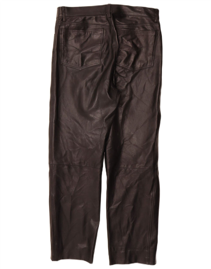 VINTAGE Pantalones de cuero rectos para hombre IT 50 Grande W32 L30 Cuero negro