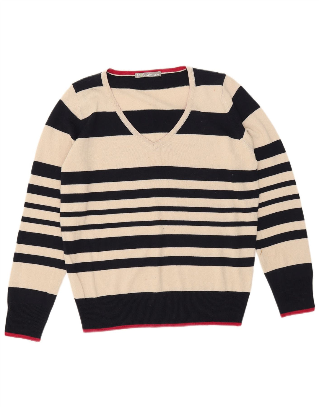 Marks & Spencer Suéter tipo jersey con cuello en V para mujer UK 12 Medium Off White Stripes