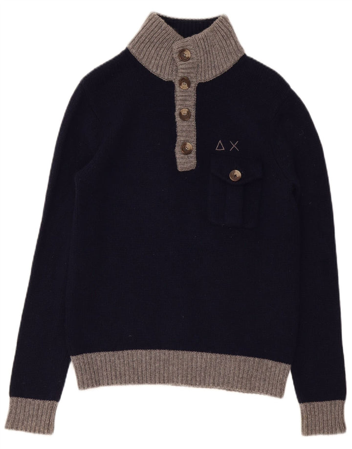 Sun68 Suéter tipo jersey con cuello y botones para hombre, talla pequeña, lana azul marino