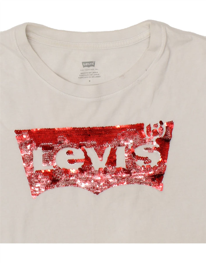 LEVI'S Womens Crop Graphic T-Shirt Top UK 14 Medium White Vintage Levi's and Second-Hand Levi's from Messina Hembry 