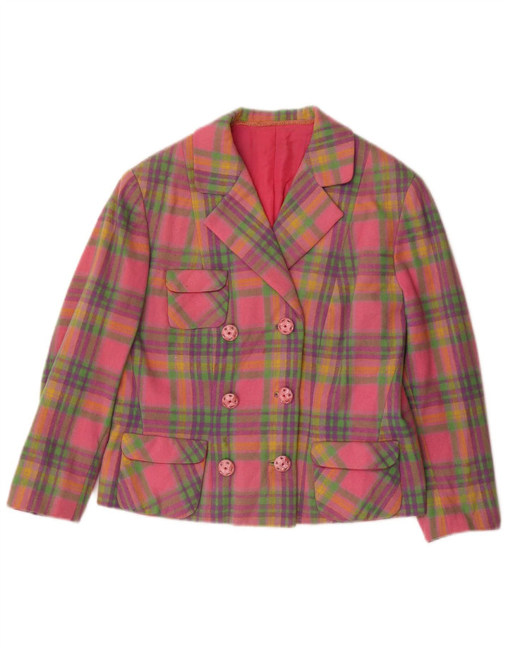 Vintage mujer crop 3/4 manga Blazer chaqueta Reino Unido 10 pequeño cheque rosa