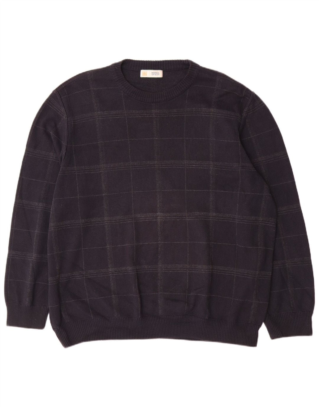 Marks & Spencer - Jersey de cuello redondo para hombre, talla XL, algodón a cuadros, color azul marino