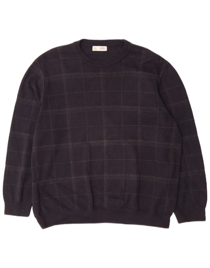 Marks & Spencer - Jersey de cuello redondo para hombre, talla XL, algodón a cuadros, color azul marino