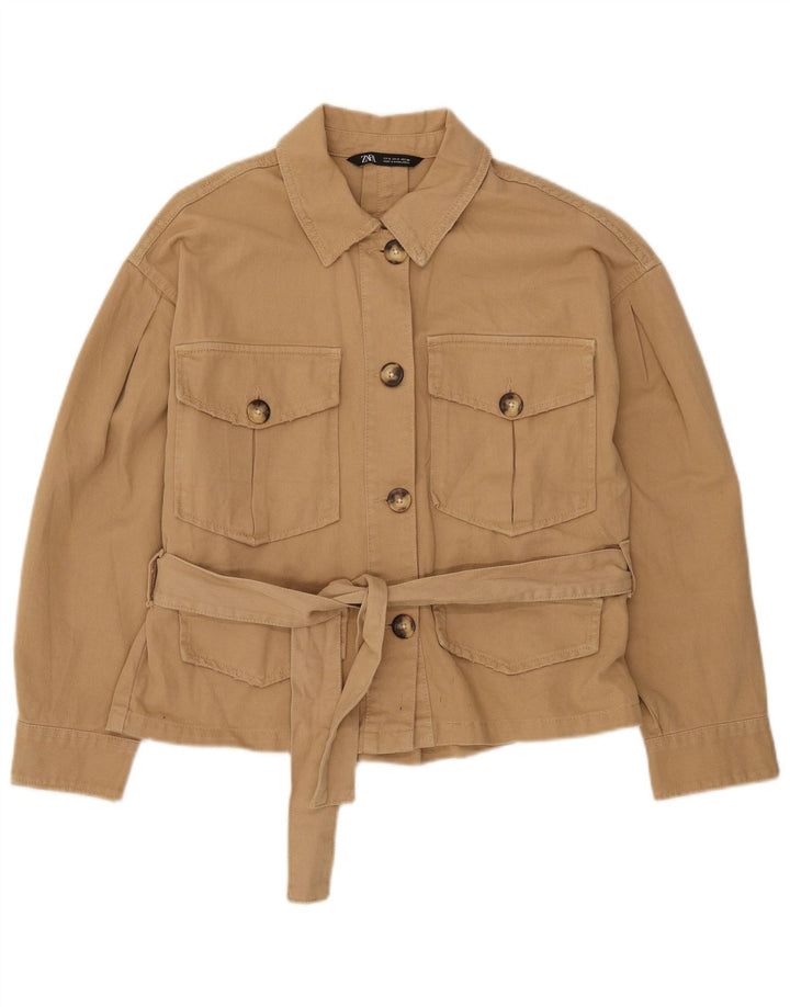 Zara Chaqueta utilitaria extragrande de manga 3/4 para mujer UK 10 Small Beige Cotton