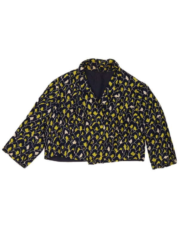 Vintage mujer 3/4 manga Bolero chaqueta Reino Unido 12 medio azul marino geométrico
