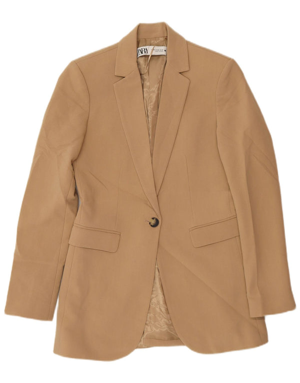Zara Mujer Chaqueta Blazer De 1 Botón UK 6 XS Poliéster Beige