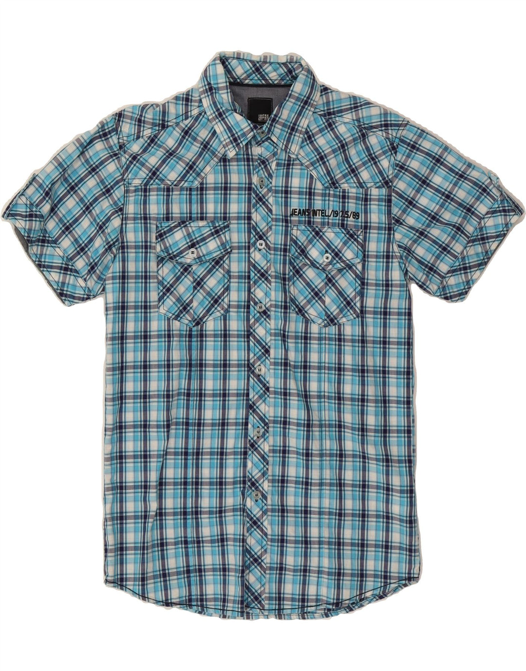 JACK & JONES Mens Short Sleeve Shirt Medium Blue Check Cotton Vintage Jack & Jones and Second-Hand Jack & Jones from Messina Hembry 