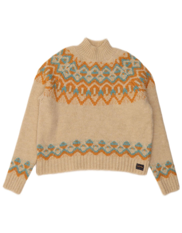 Superdry Suéter tipo jersey con cuello alto para mujer, talla 40, color beige medio, Fair Isle