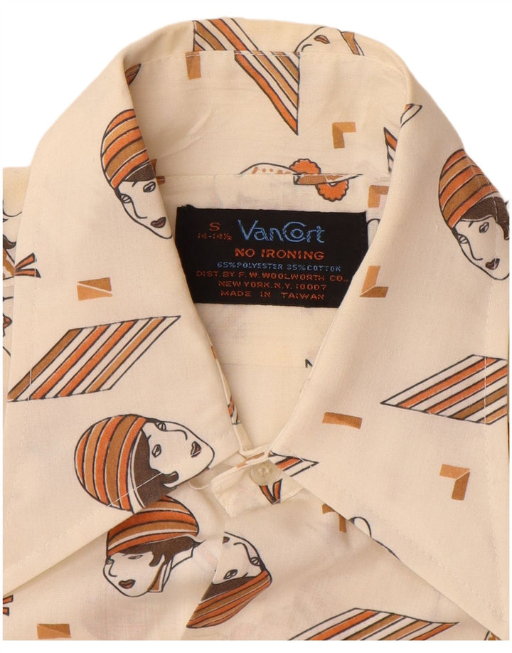 VINTAGE Hombres Patrón Abstracto Camisa Tamaño 14 14 1/2 Pequeño Off Blanco