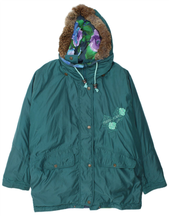 VINTAGE Chaqueta reversible gráfica de gran tamaño para mujer Reino Unido 16 Turquesa grande