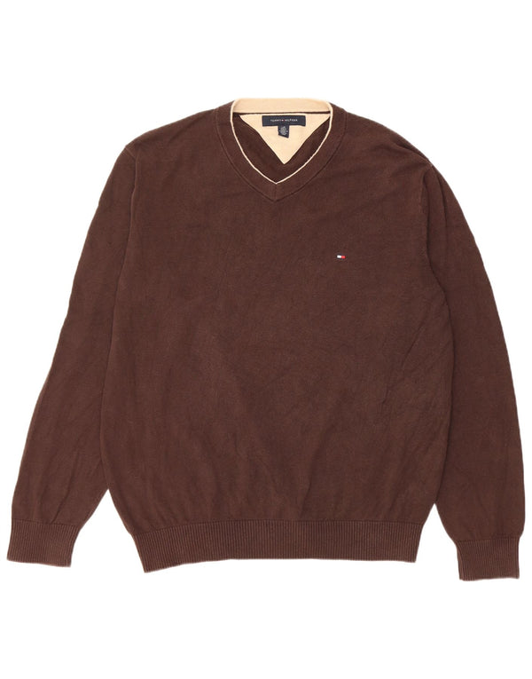 Tommy Hilfiger Jersey con cuello en V para hombre, talla grande, algodón marrón