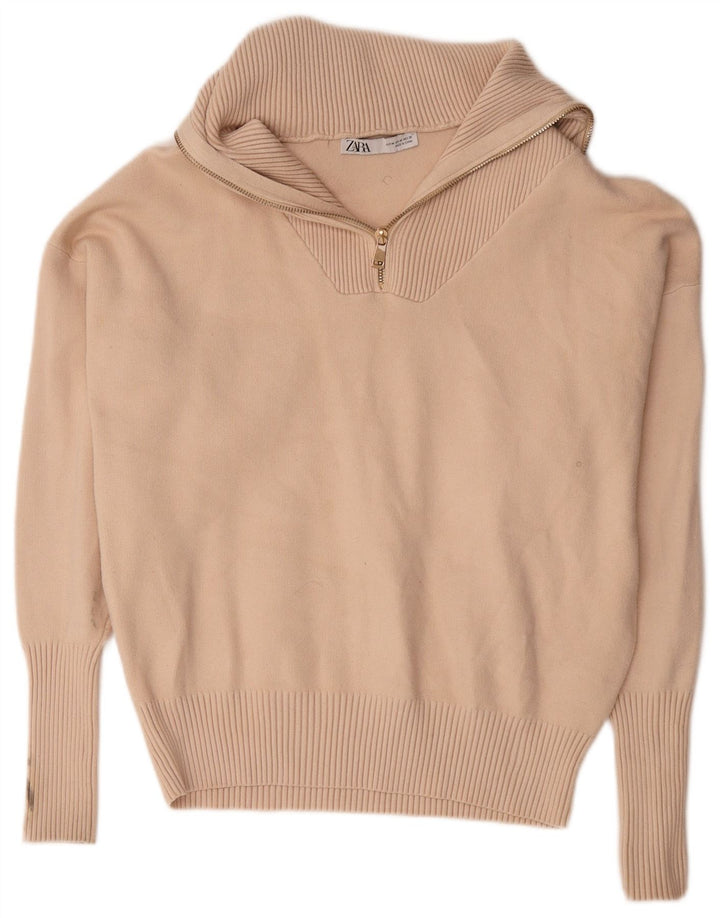 Zara Jersey extragrande con cuello y cremallera para mujer, talla 44, viscosa beige mediana