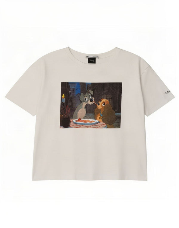 Zara Mujer Disney Graphic Camiseta Top UK 14 Medium Blanco Algodón