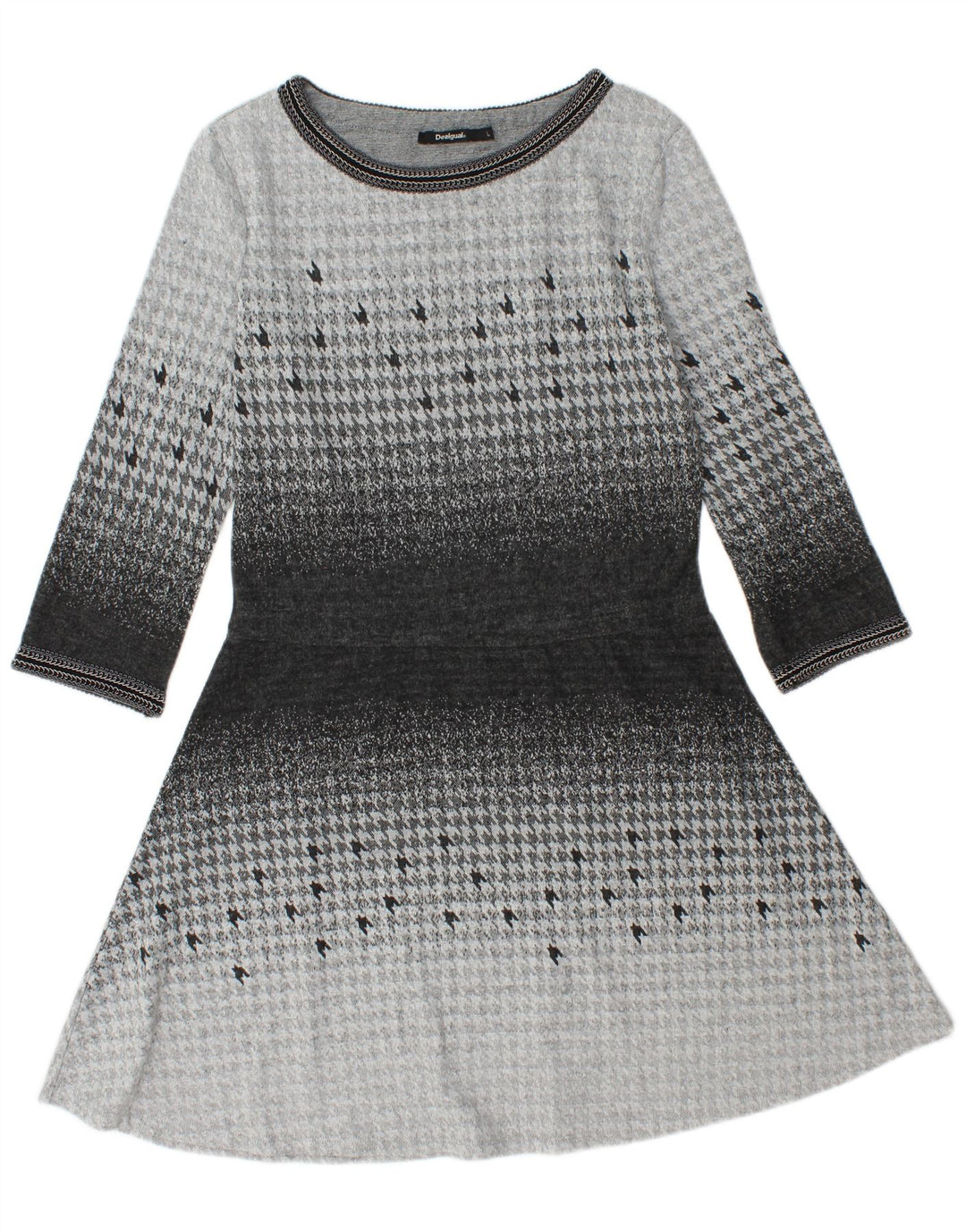 DESIGUAL Vestido acampanado de manga 3/4 para mujer UK 44 Grande Gris Pata de gallo
