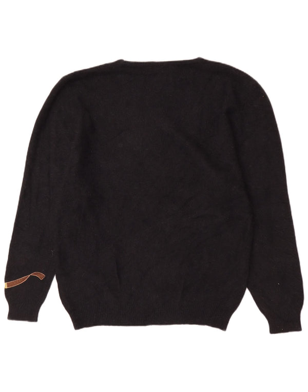Vintage mujeres gráfico barco cuello jersey suéter Reino Unido 18 XL negro Angora