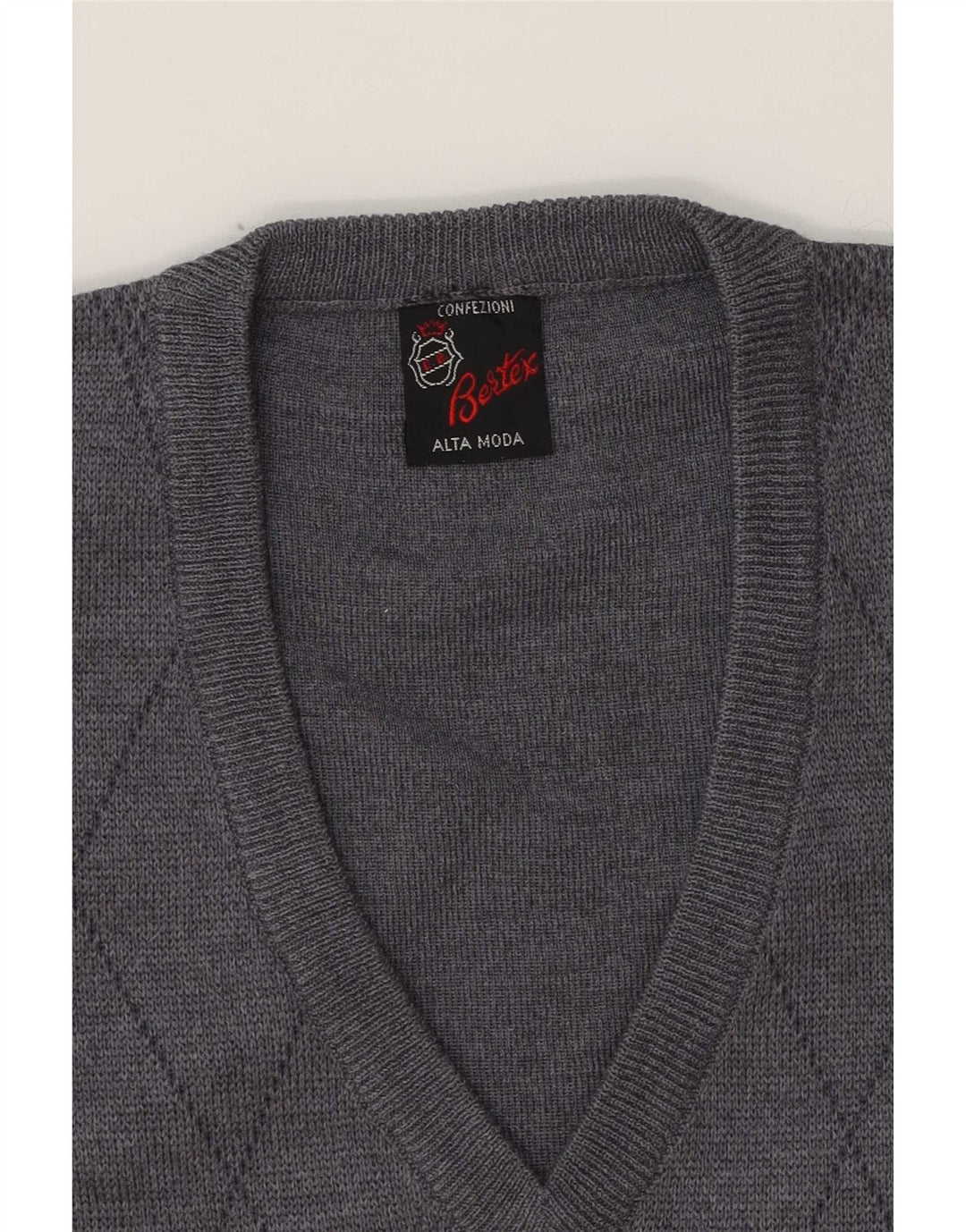 Vintage hombres V-cuello jumper suéter gris medio Argyle/lana de diamante