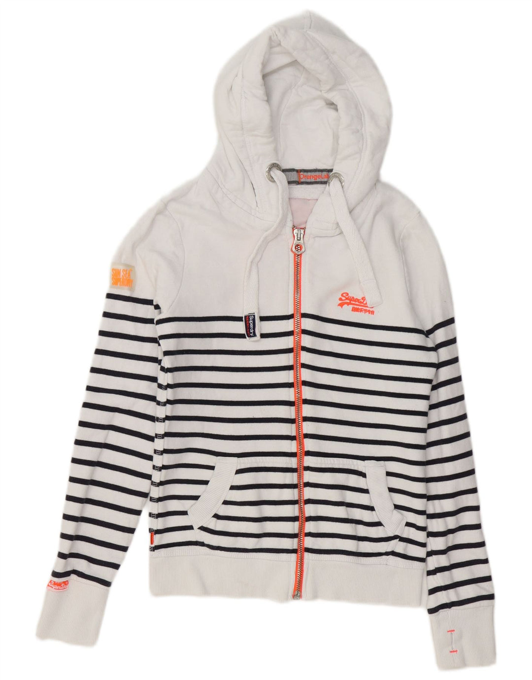 SUPERDRY Suéter con capucha y cremallera para mujer UK 6 XS Algodón a rayas blancas