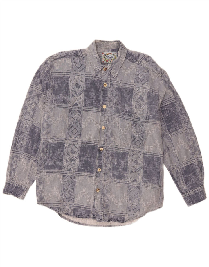 Camisa de franela vintage para hombre algodón geométrico azul grande