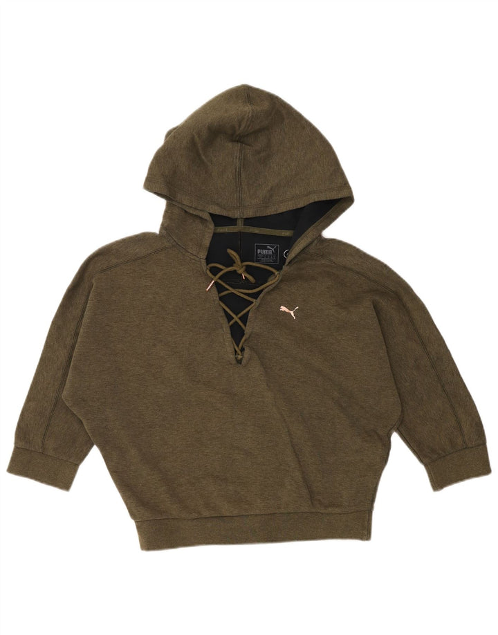 PUMA Jersey con capucha de manga 3/4 para mujer, talla S, algodón caqui