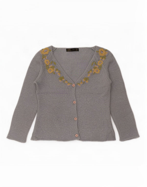 Zara Mujer Crop Cárdigan De Manga 3/4 Suéter UK 42 Azul Medio Floral