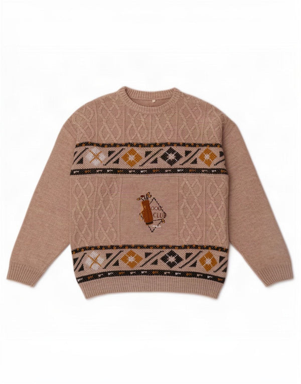 Vintage hombres gráfico cuello redondo jersey suéter XL gris lana geométrica